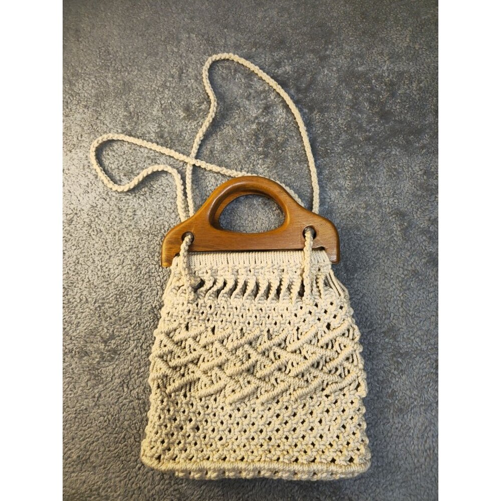 Vintage Handmade Macrame Crossbody Bag With Wooden Handles & Braided Strap